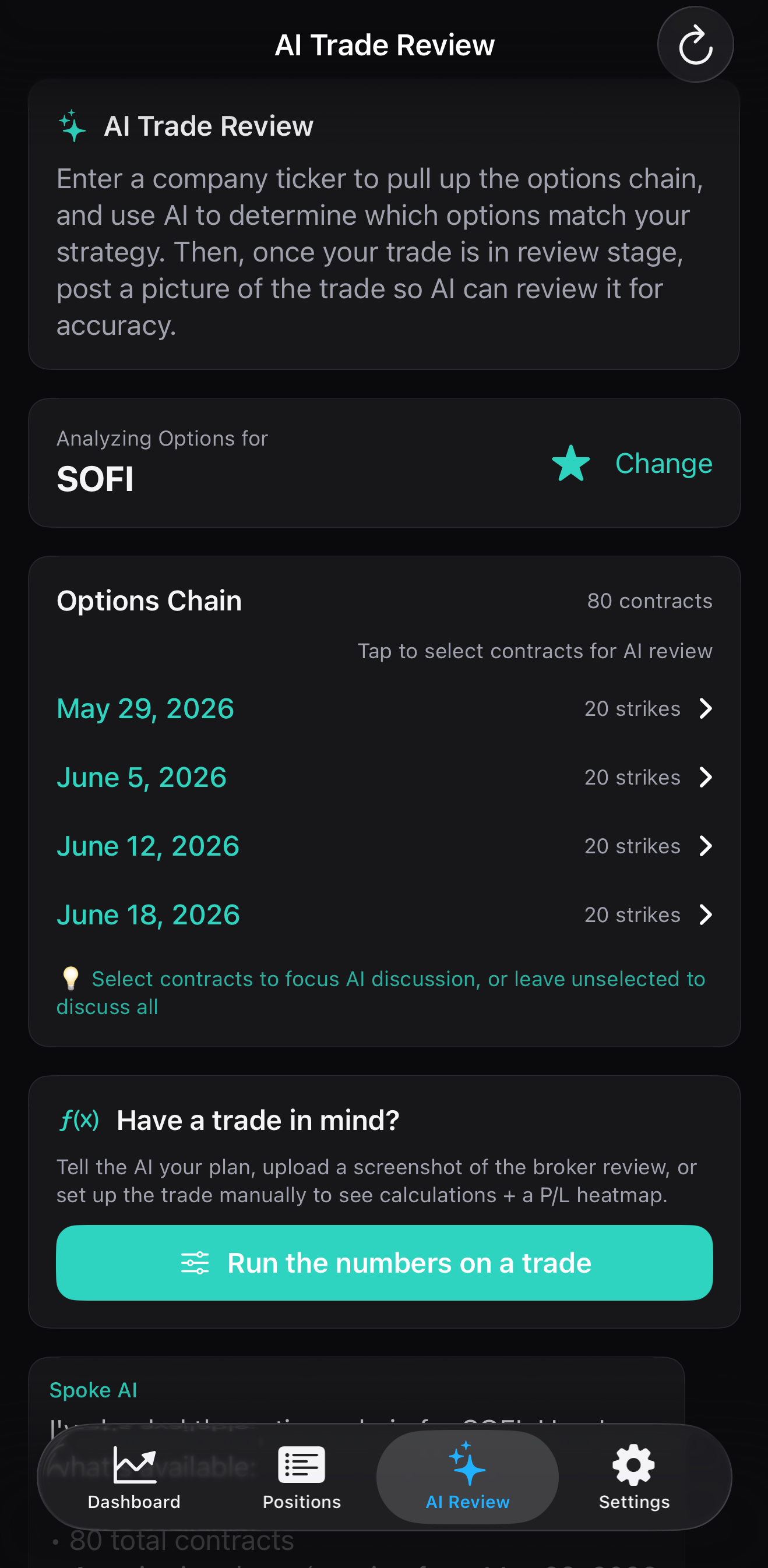 Spoke AI trade review overview with options chain and strategy tools