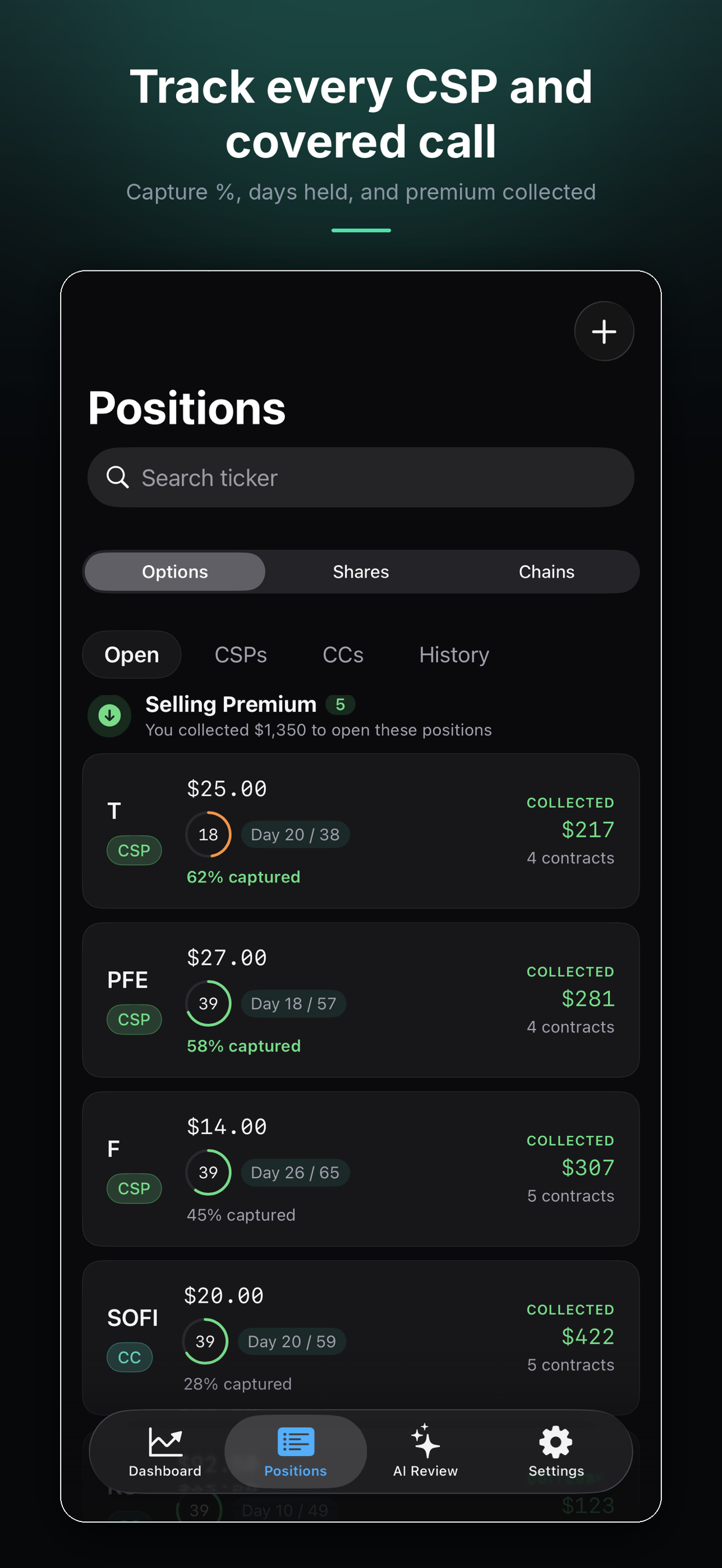 Spoke positions view listing open cash-secured puts and covered calls with days held and premium collected